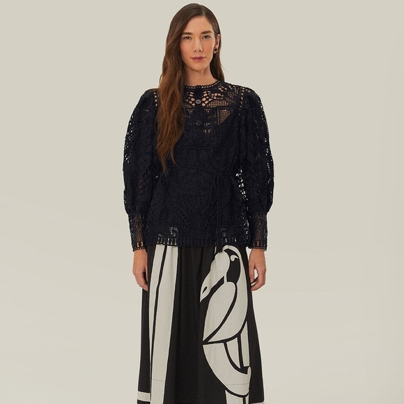 FARM RIO Black Guipire Puff Sleeve Blouse M - Picture 2 of 7